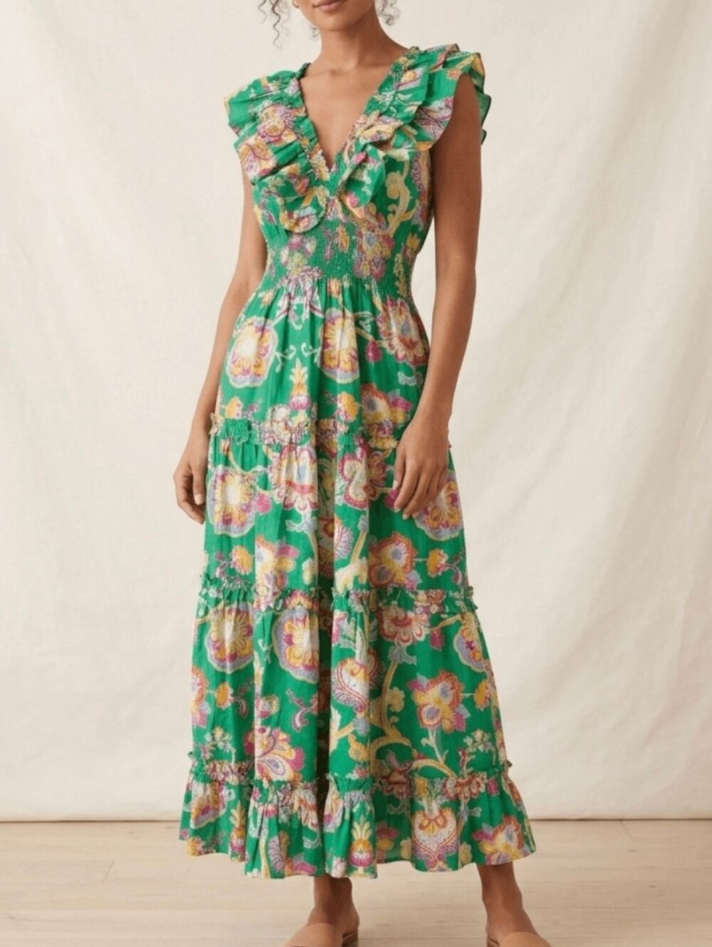 Caroline Constas Tiered Green Floral Ruffle V-Neck Maxi Dress